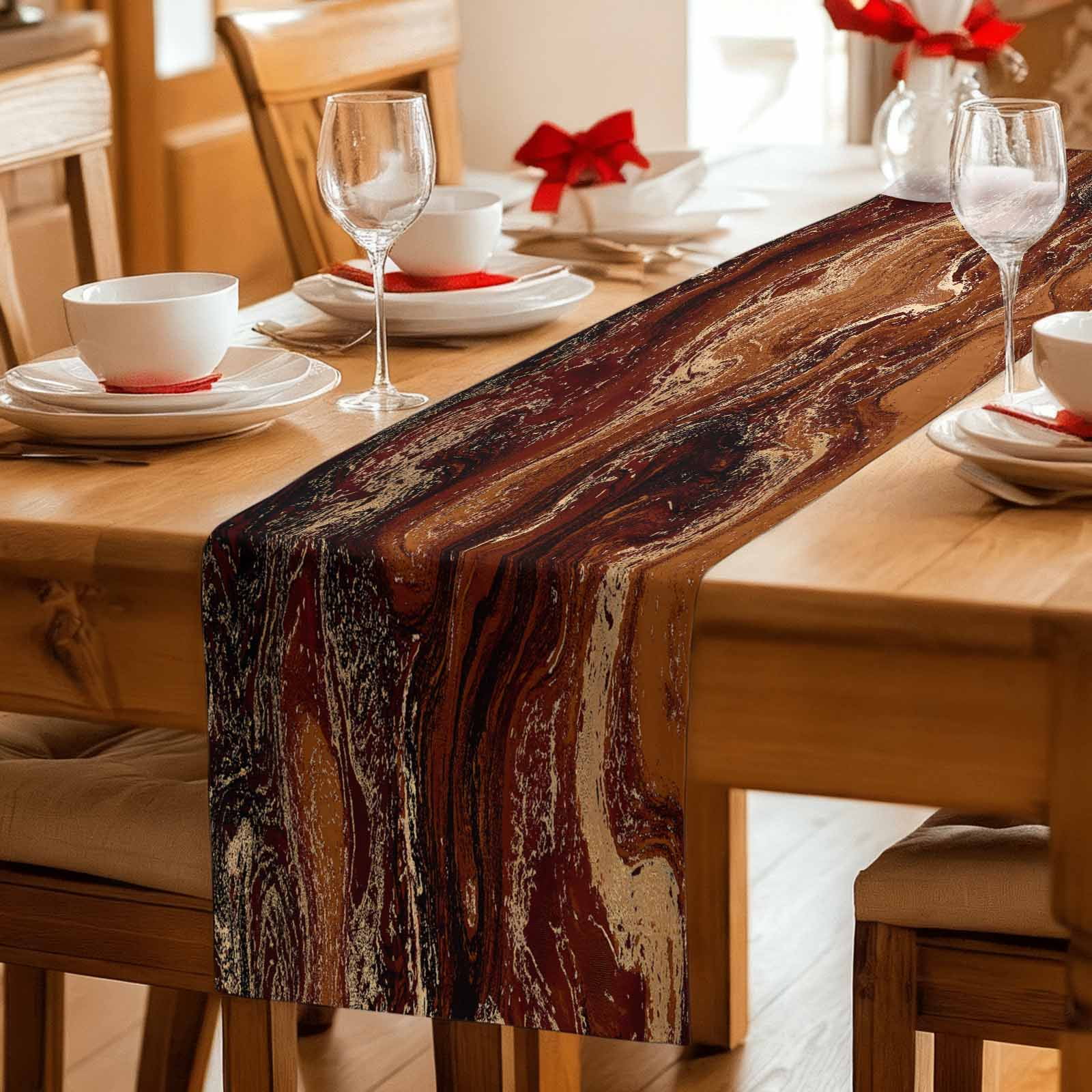 Brown Marble Table Runner, Ombre Abstract Striped Mottled Aesthetic Washable Cotton Linen Table Runners 90 Inches Long, Dresser Scarf Runner for Dining/Coffee/Kitchen/Hallway Tables 13''x90''