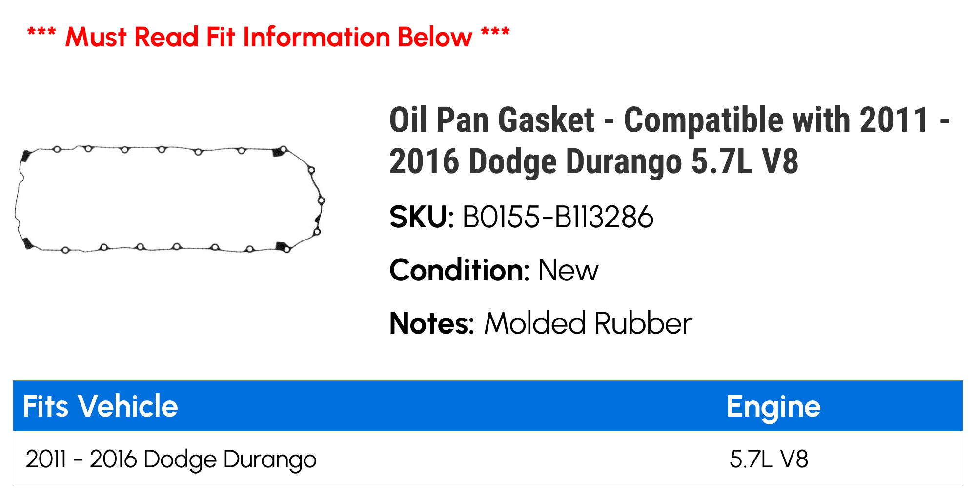 Oil Pan Gasket - Compatible with 2011 - 2016 Dodge Durango 5.7L V8 2012 2013 2014 2015
