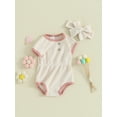 thumbnail image 3 of Bagilaanoe Newborn Baby Girl Summer Rompers Short Sleeve Bodysuits + Headband 3M 6M 12M 18M Infant Waffle One Piece Jumpsuit, 3 of 9