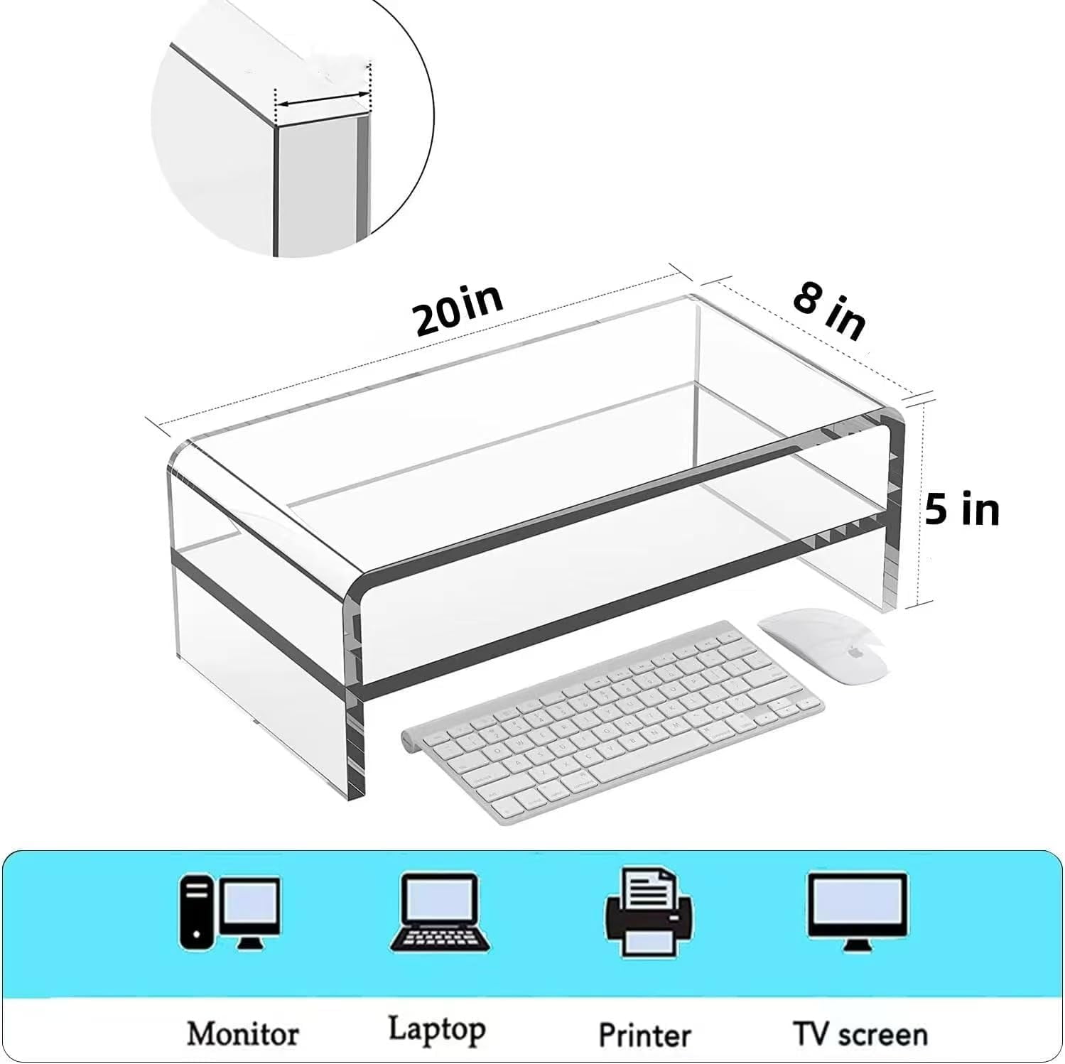 Acrylic Monitor Stand - 16/20 inch 2 Tier Riser for iMac, PC, Desktop, Laptop, TV with Storage Shelf, Home Office Desk Organizer (20in)