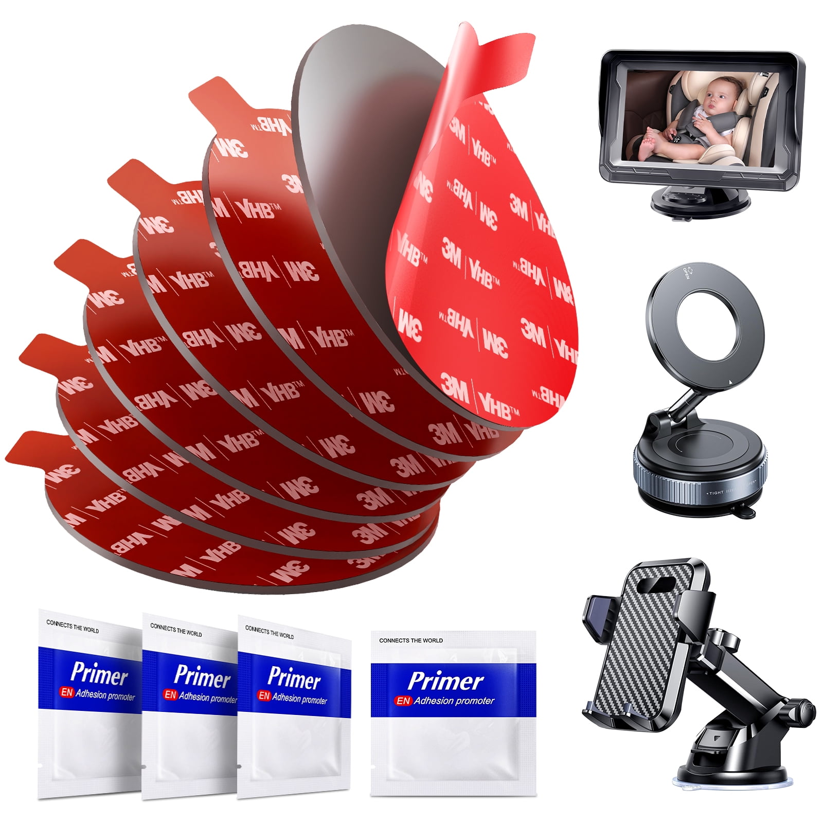 Adhesive Pad for Car Phone Mount: 6Pcs 2.76" 3M VHB Double Sided Tape Sticky Replacement for Dash Dashboard Windshield Suction Cup GPS Holder, 70mm Round Heat Resistant Sticker with Adhesion Promoter