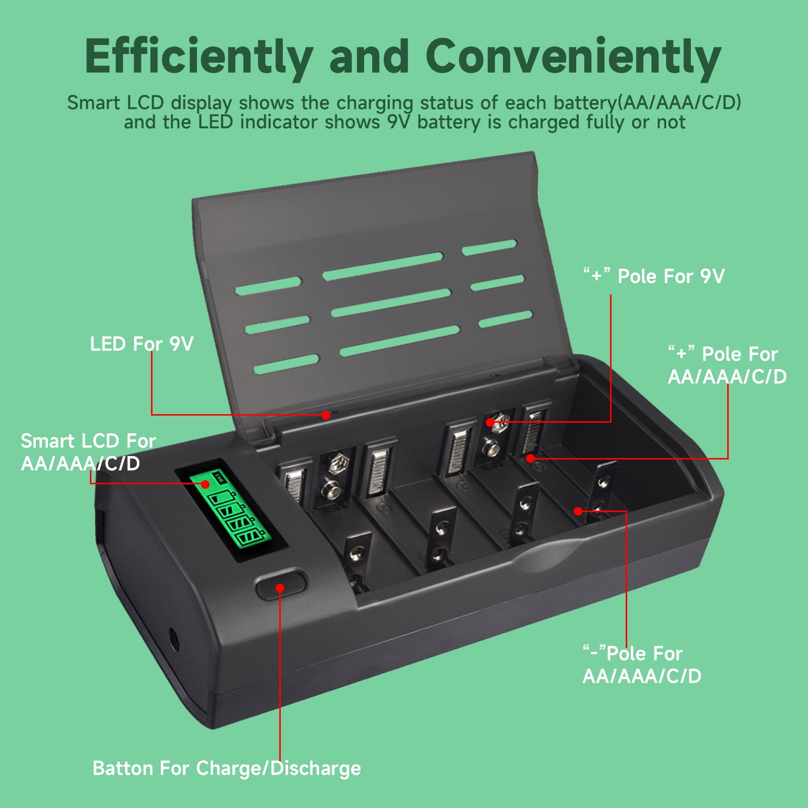 4 C Size High Capacity Low Self Discharge 1.2v Ni-MH Rechargeable Batteries with 4 Bay Smart Intelligent LCD Display Battery Charger For 1.2V AA AAA C D Size 9V Ni-MH Ni-CD Rechargeable Battery