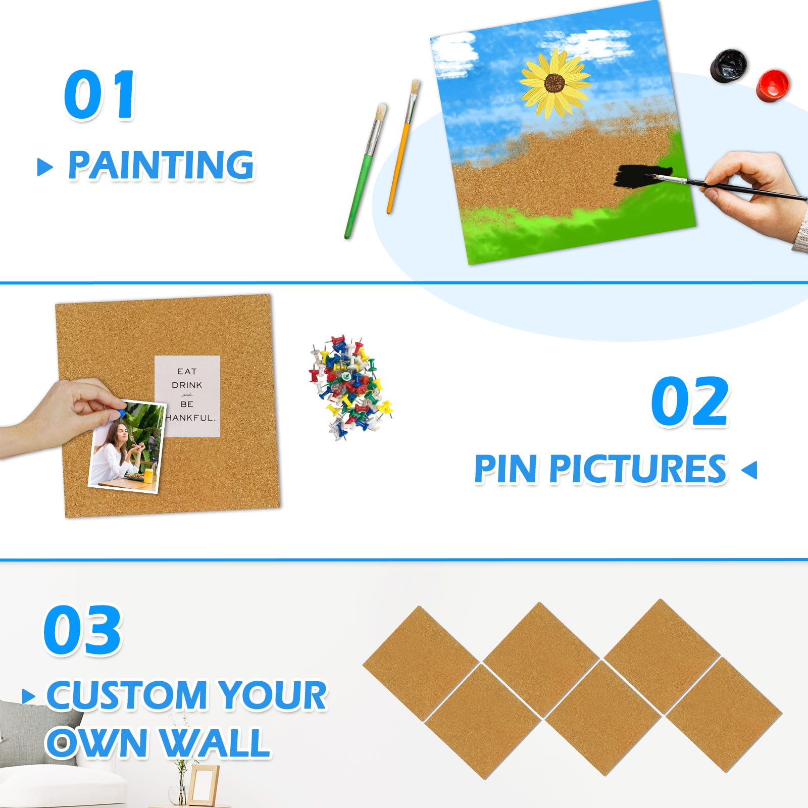 Adhesive Cork Board Tiles 6 Packs Cork Bulletin Board 12" x 12", Thick Frameless Corkboards for Walls with Pushpins for Home Office Kitchen School Decor Display, Brown