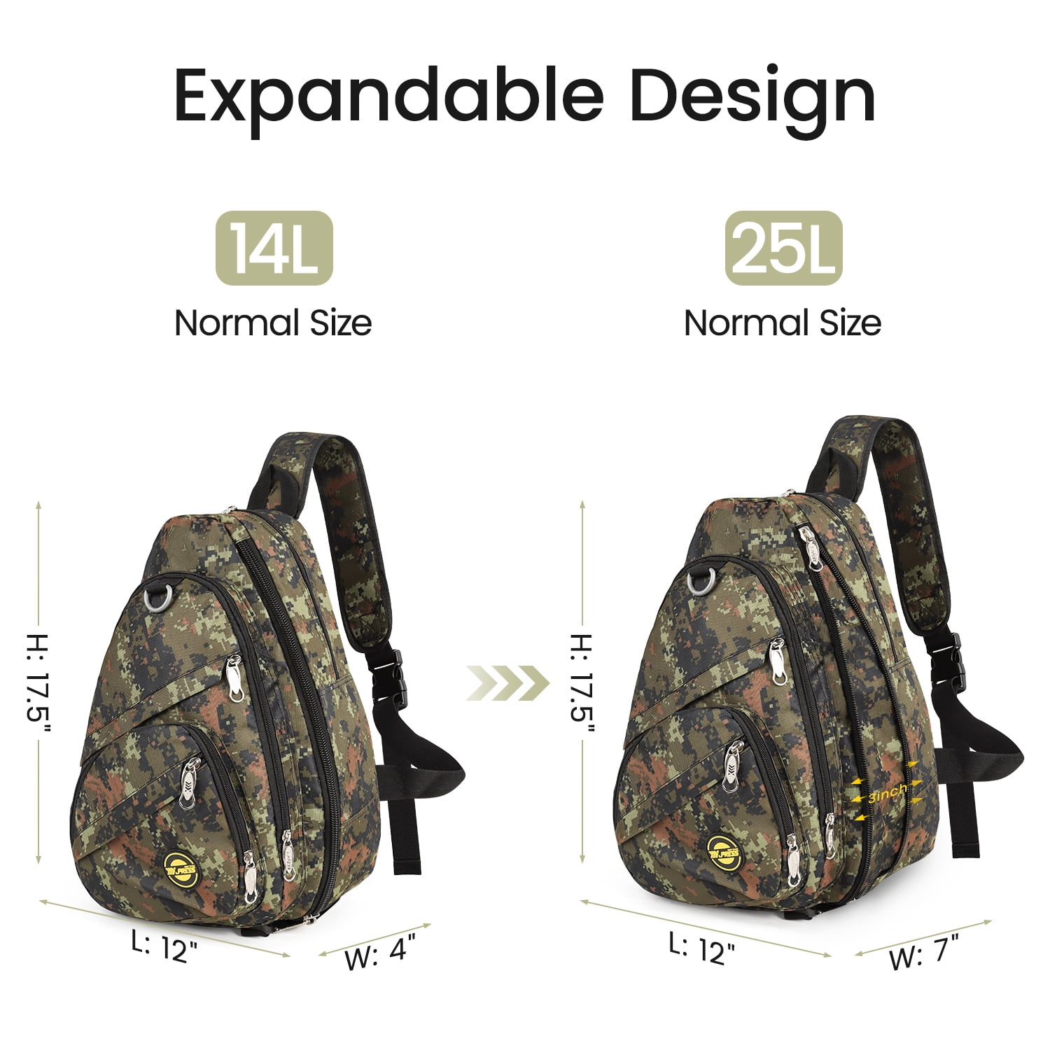New York Xpress Camo Sling Bag Expandable 14–25L Daypack for Travel Hiking Cycling, ArmyGreen,118