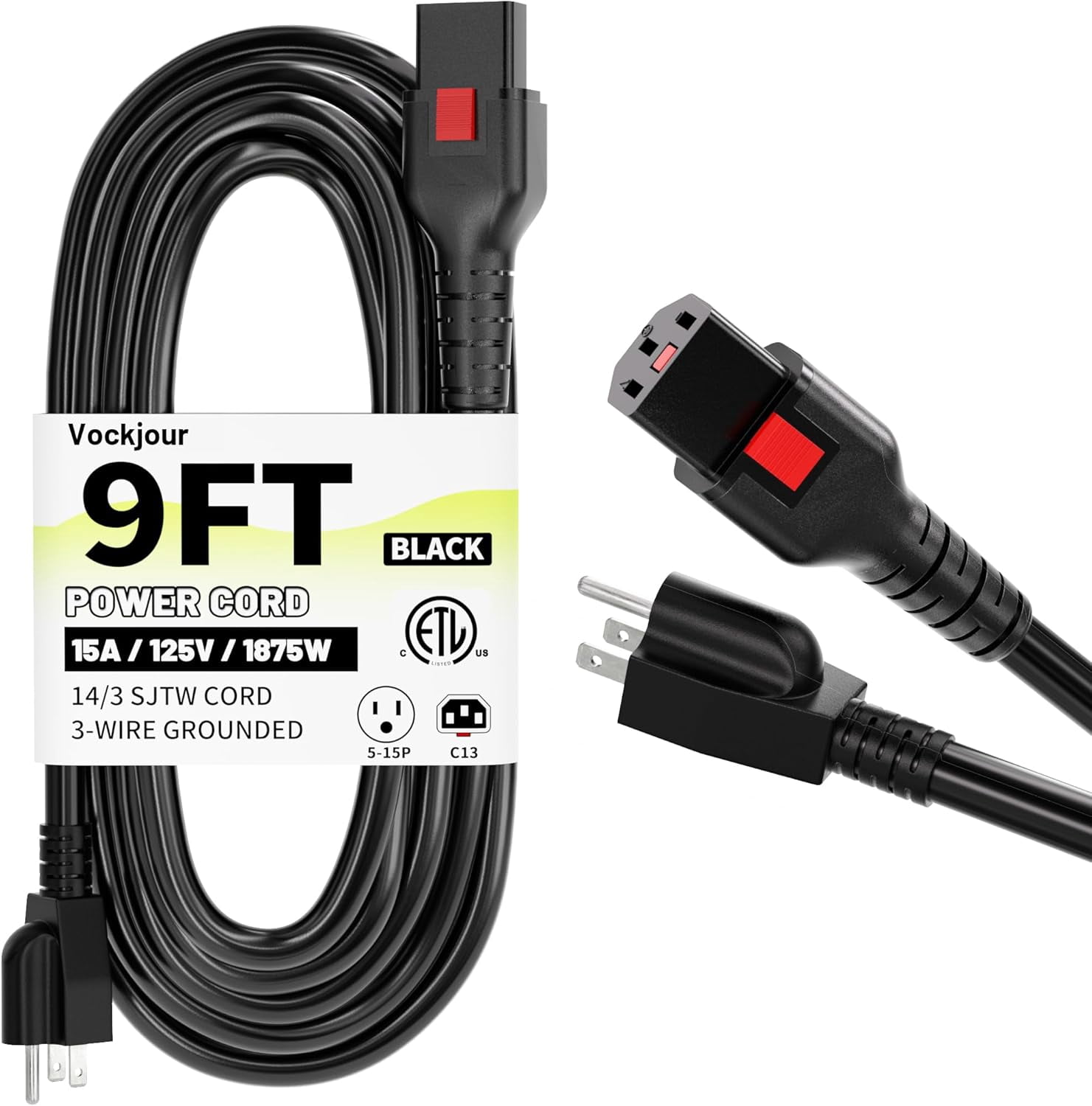 RGHJAR-9FT Power Cord 3 Prong C13 with Lock, Suitable for Computer, Monitor, Instant Pot, Treadmill, Copier, TV, Heavy Duty 14AWG, 15A, 125V, Black