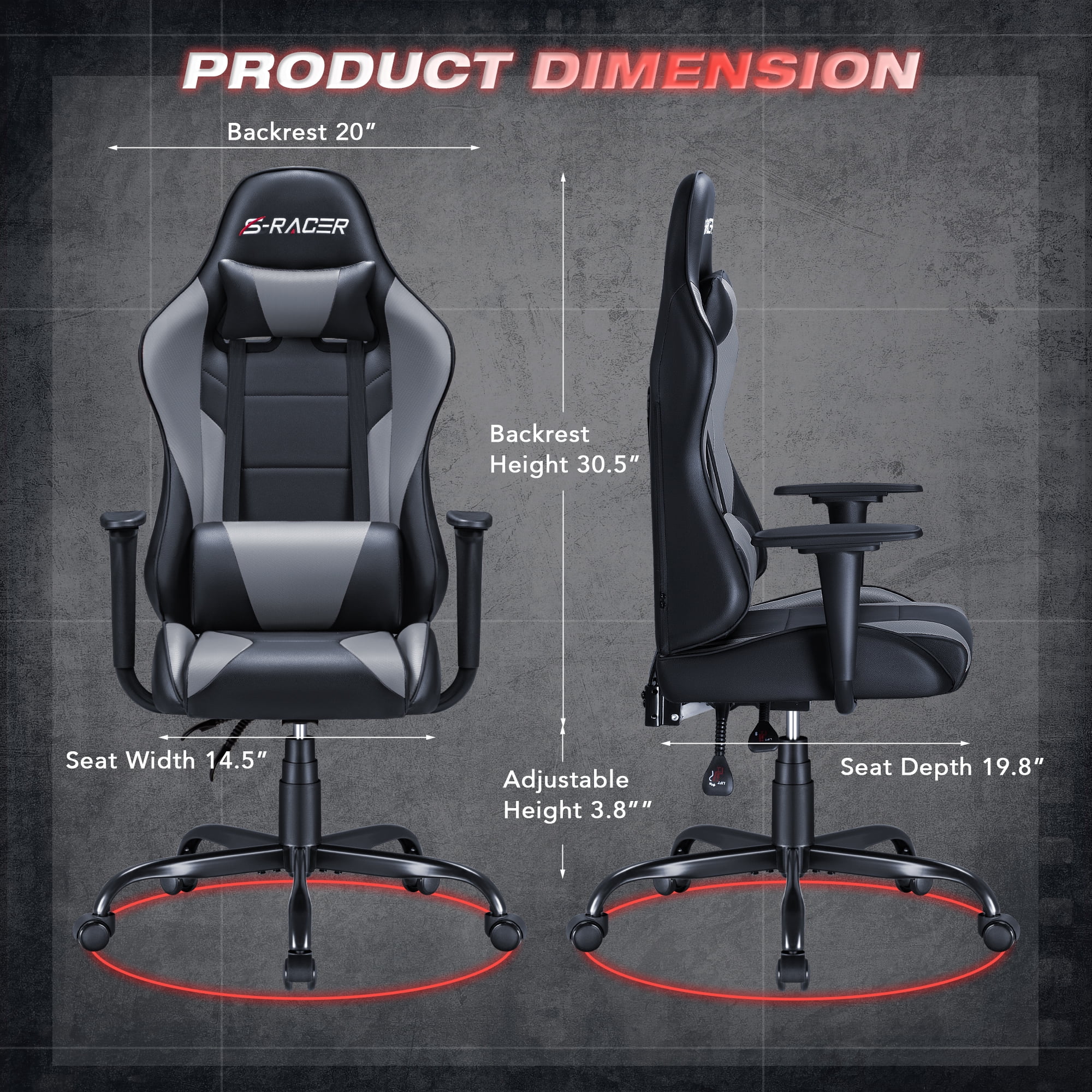 Homall Gaming Chair Office Chair High Back Racing Computer Chair PU Leather Adjustable Seat Height Swivel Chair Ergonomic Executive Chair with Headrest, Gray