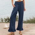thumbnail image 2 of QATAINLAV Womens Summer Linen Beach Pants Fashion Ruffle Hem Palazzo Pants Loose Flowy Wide Leg Lounge Pant Trousers with Pockets Dark Blue XL, 2 of 8