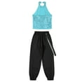 thumbnail image 4 of YONGHS Kids Girls Halter Hip Hop Jazz Dance Crop Top with Cargo Jogger Pants Set Performance Dancewear Light Blue 8, 4 of 5