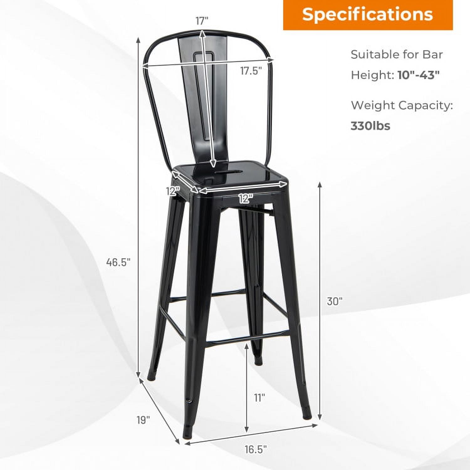 Demi Bonn 30" Height Set of 4 High Back Metaldustrial Bar Stools, Modern Dining Chair with Backrests, Black