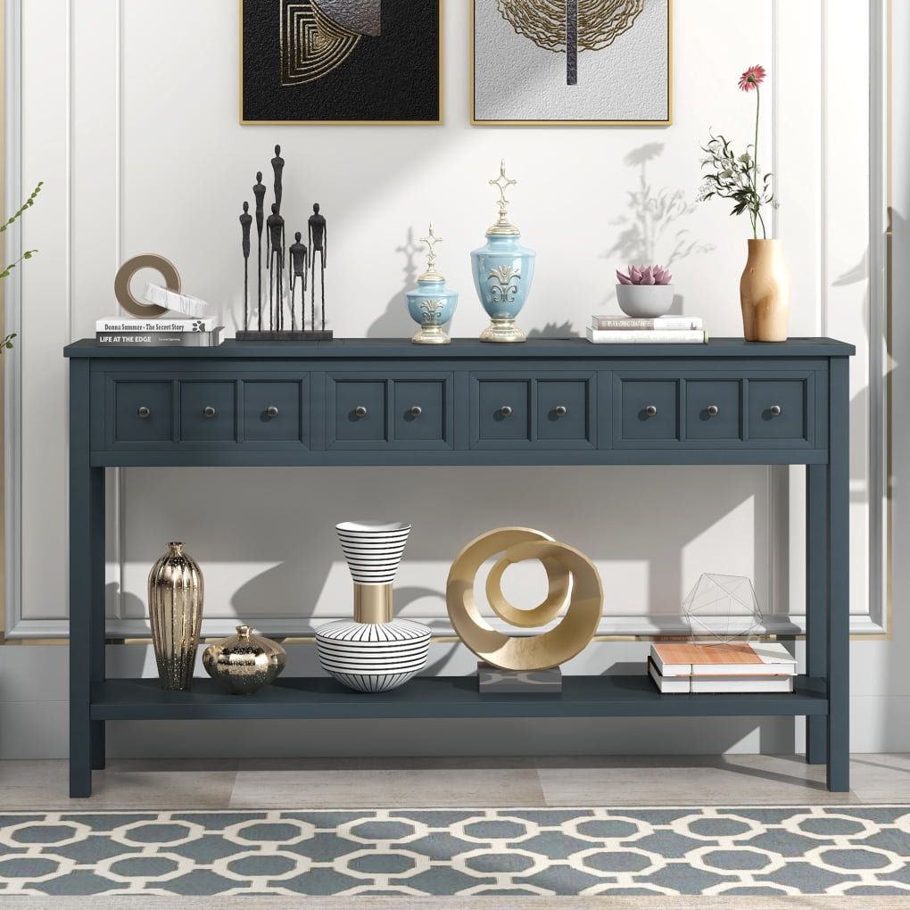 Console Table, Console Tables for Entryway with 4 Drawers and Open Storage Shelf, 60" Long Sofa Table in Solid Wood, Narrow Console Table for Living Room, Couch, Hallway, Kitchen Counter, Navy Blue