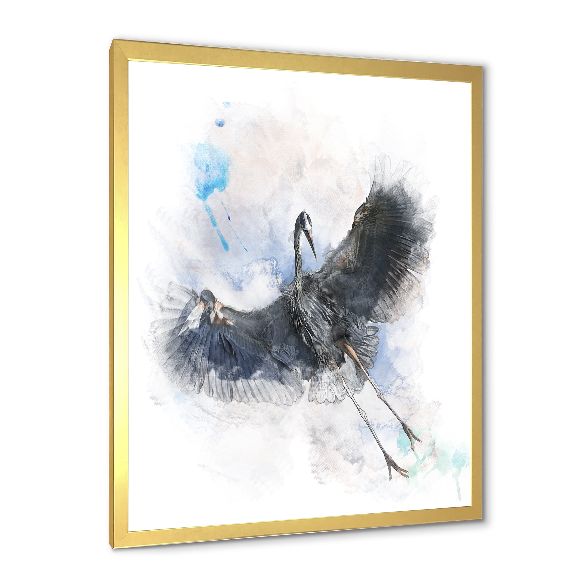 Designart 'Great Dark Blue Heron Bird Illustration' Farmhouse Framed Art Print