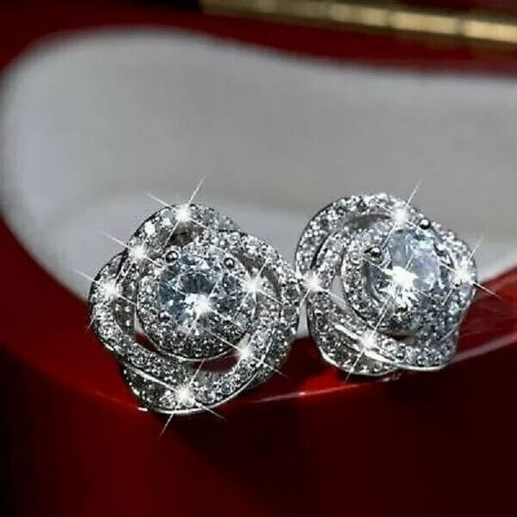 2.20Ct Round Cut Lab Created Diamond Women's Push Back Flower Stud Earrings 14K White Gold Plated Silver