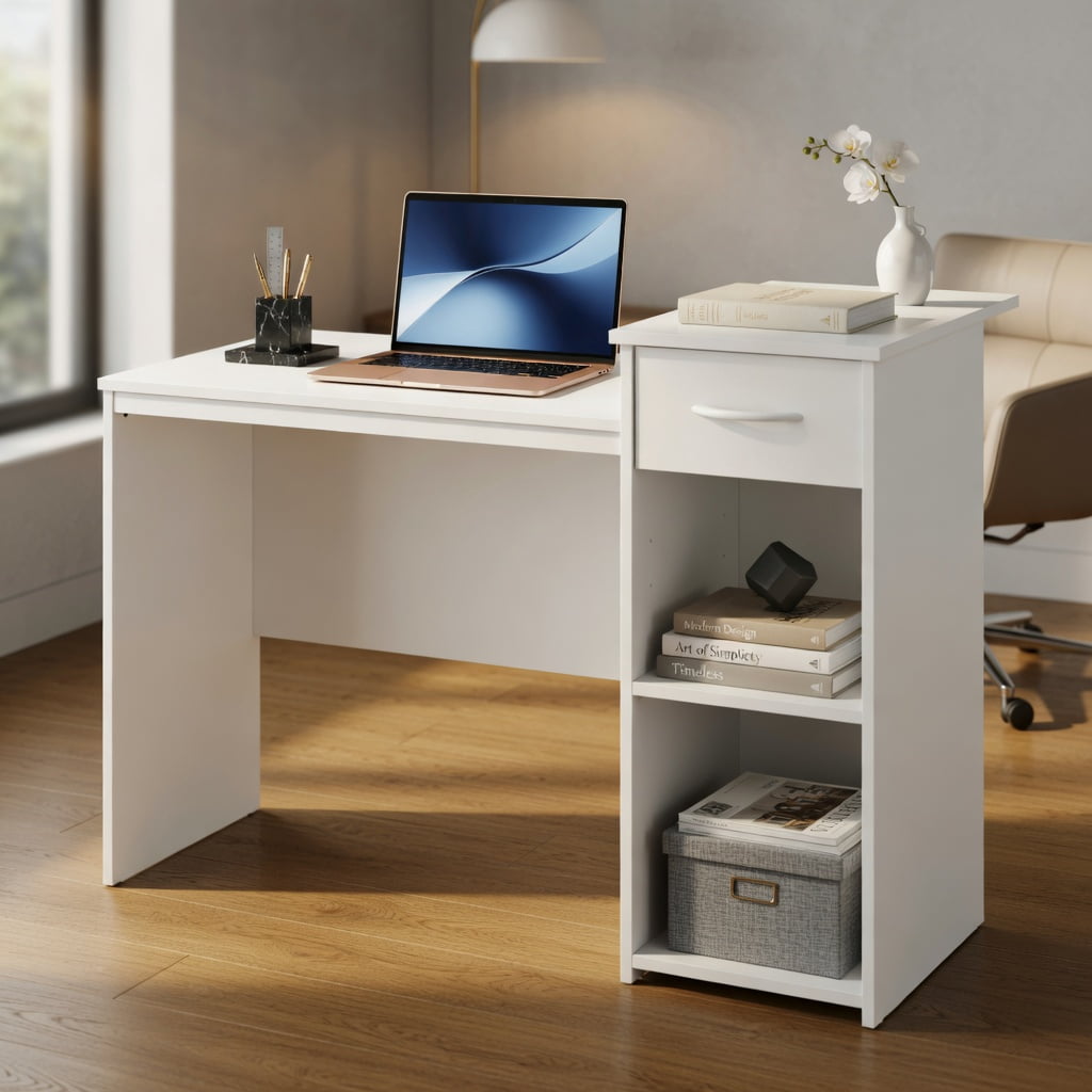 Yardi Yard Computer Desk with Drawer Modern Laptop PC Desk with Adjustable Shelf and Cable Hole-White, Computer Desk, Gaming Computer Desks for Study,Working,Writing