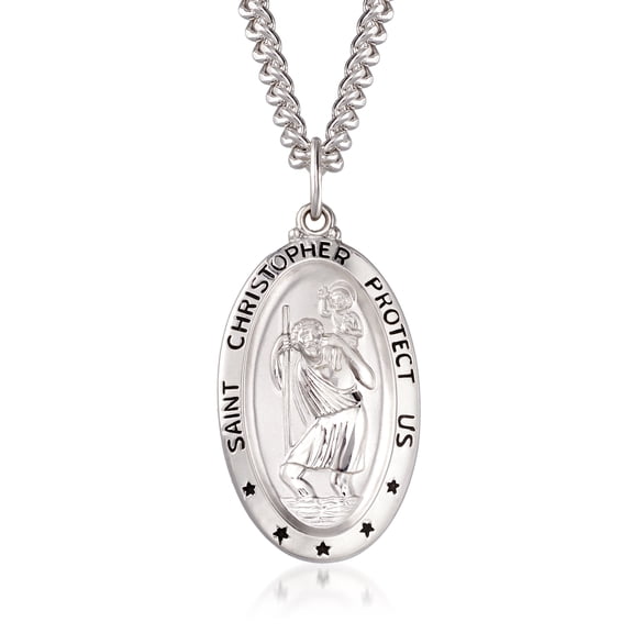 Ross-Simons Men's Sterling Silver and Stainless Steel "Saint Christopher Protect Us" Pendant Necklace for Male, Adult