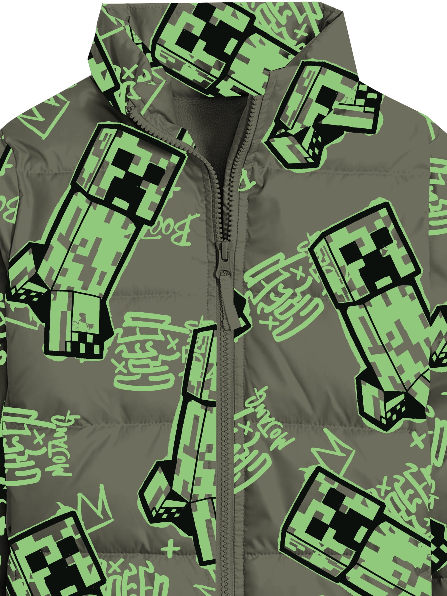 Minecraft Little and Big Boys Creeper Zip Puffer Jacket, Lightweight, Sizes 4-16
