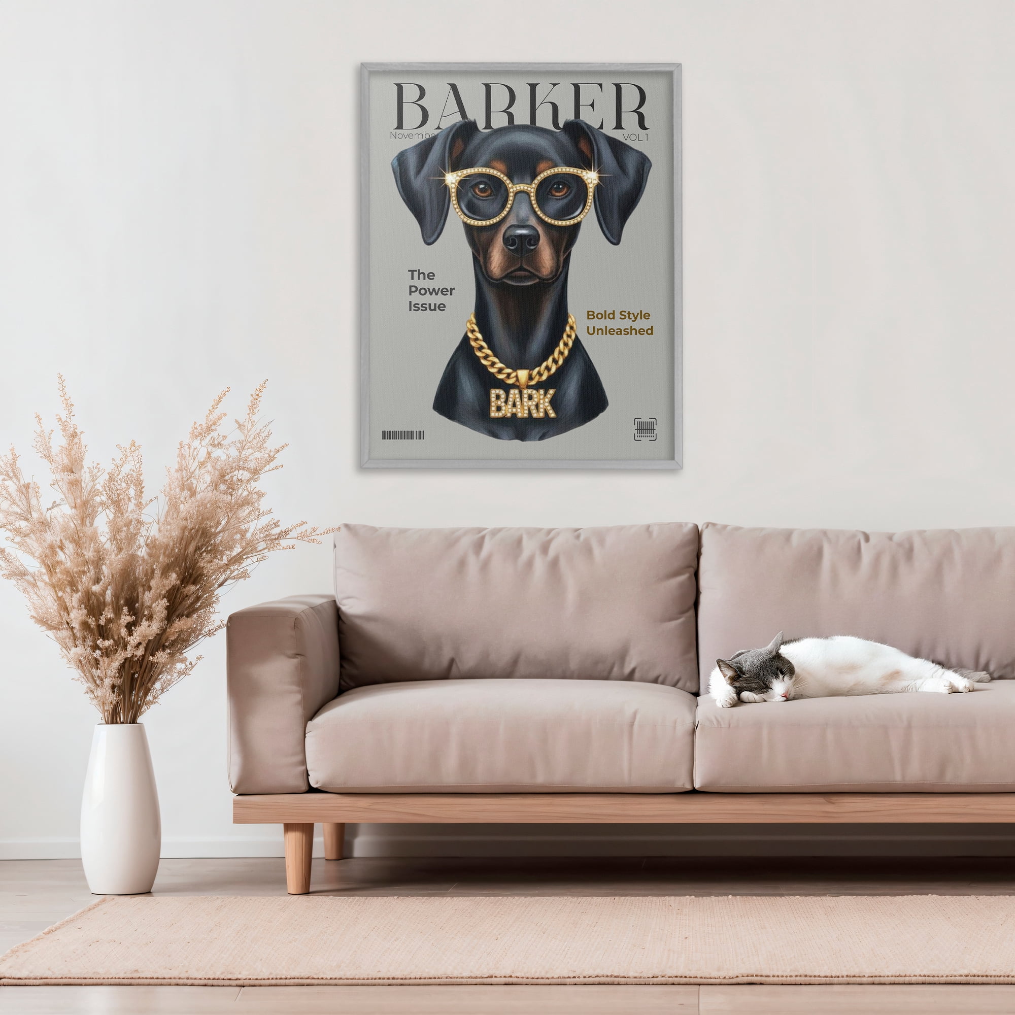 Stupell Industries Barker Dog Fashion Magazine Gray Framed Giclee Art, design by A Barefoot Stylist