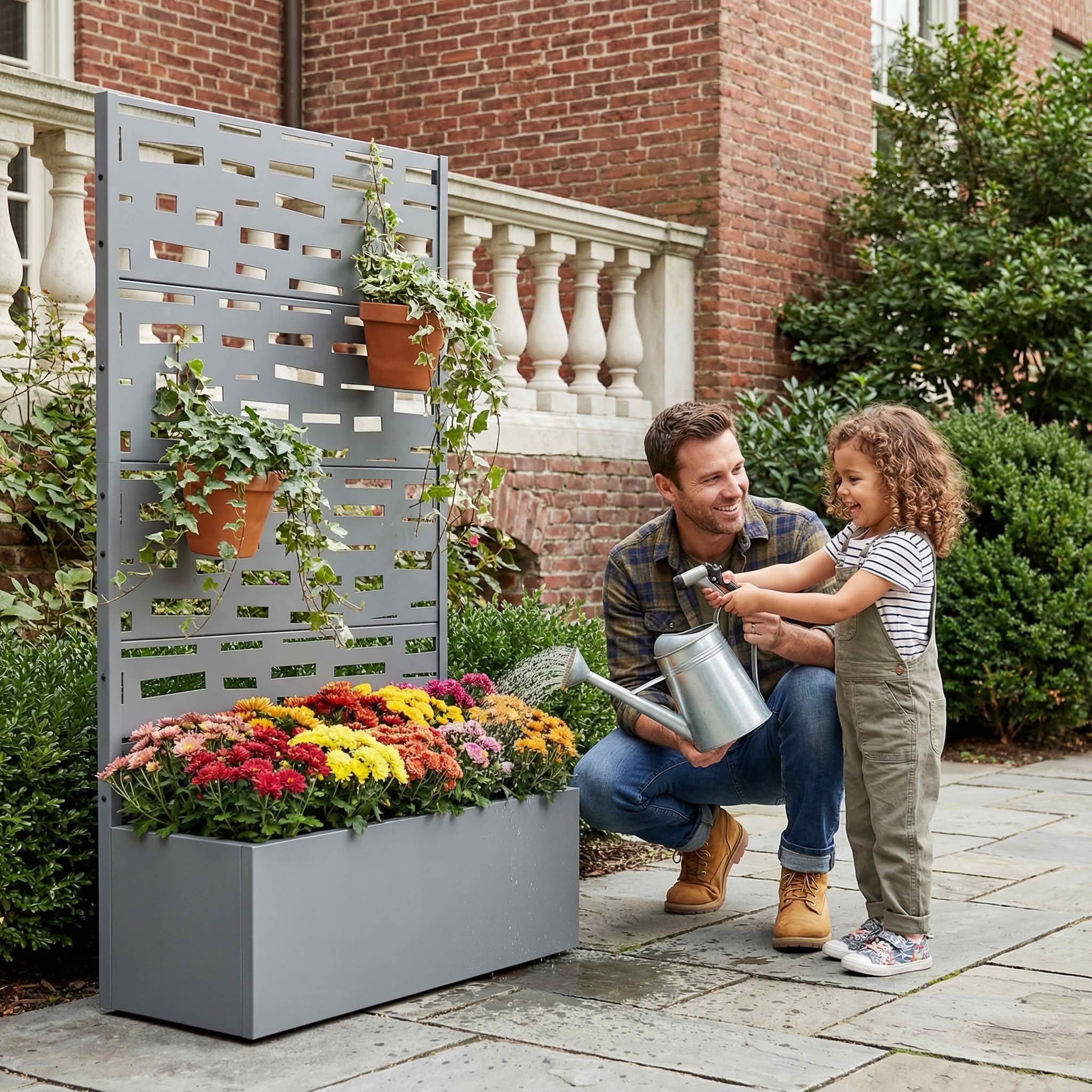 MAYEERTY 59X30" Metal Outdoor Gray Privacy Screen with Planter Box for Backyard & Garden, 4 Piece Set