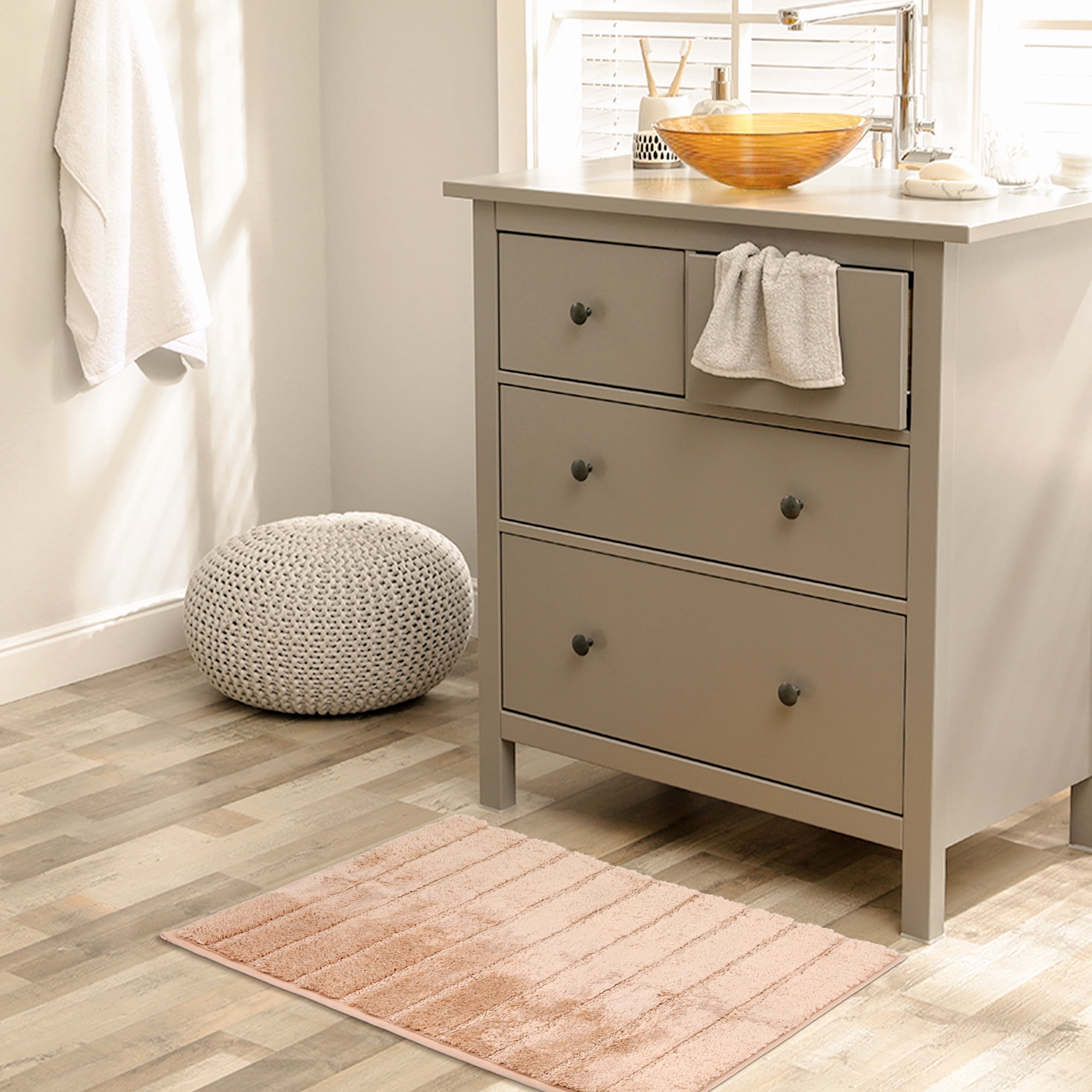 Unique Bargains Soft Stripe Bathroom Rug Rubber Backing Quick Dry Bath Rug Khaki 20" x 32"