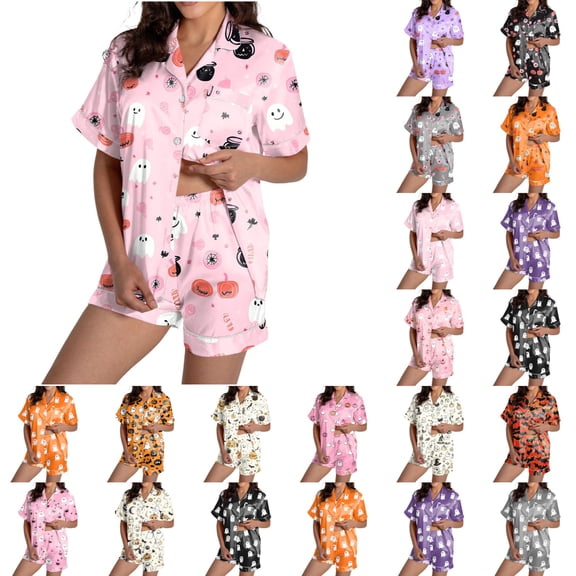 MuXiKeJi Clothes Women's Halloween Pajama Set Cute Ghost Pumpkin Print Milk Silk Brushed Button down Pjs Lounge Sleepwear Halloween Pajamas Women Satin,Women Christmas pjs