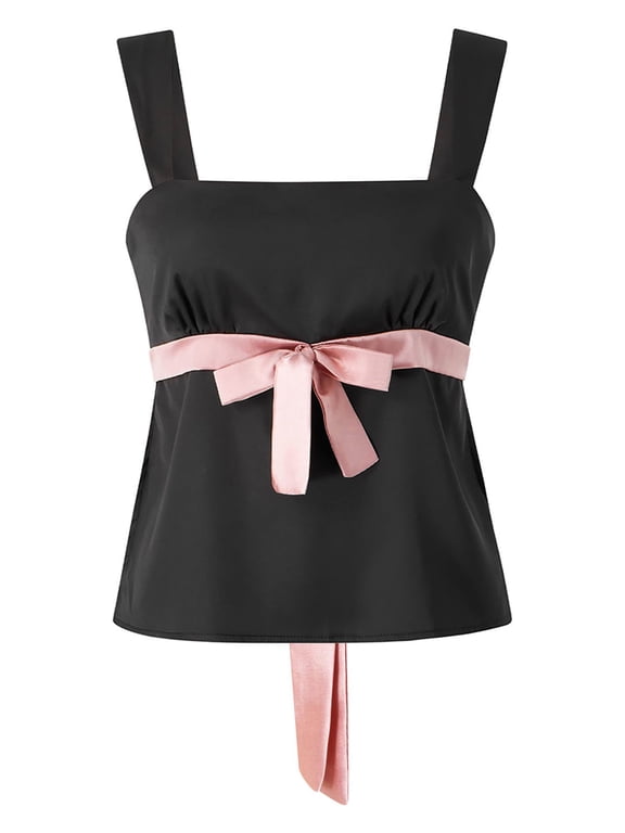 Women Sleeveless Tank Tops Wide Shoulder Straps Tie-Up Waist Bandage Summer Low-Cut Camisole
