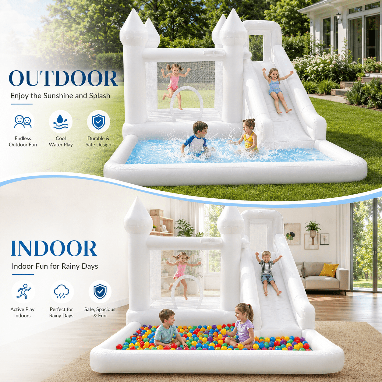 14ft Inflatable Water Slide & Bounce House with Ball Pit and Blower, White Oxford Outdoor Playhouse for Kids