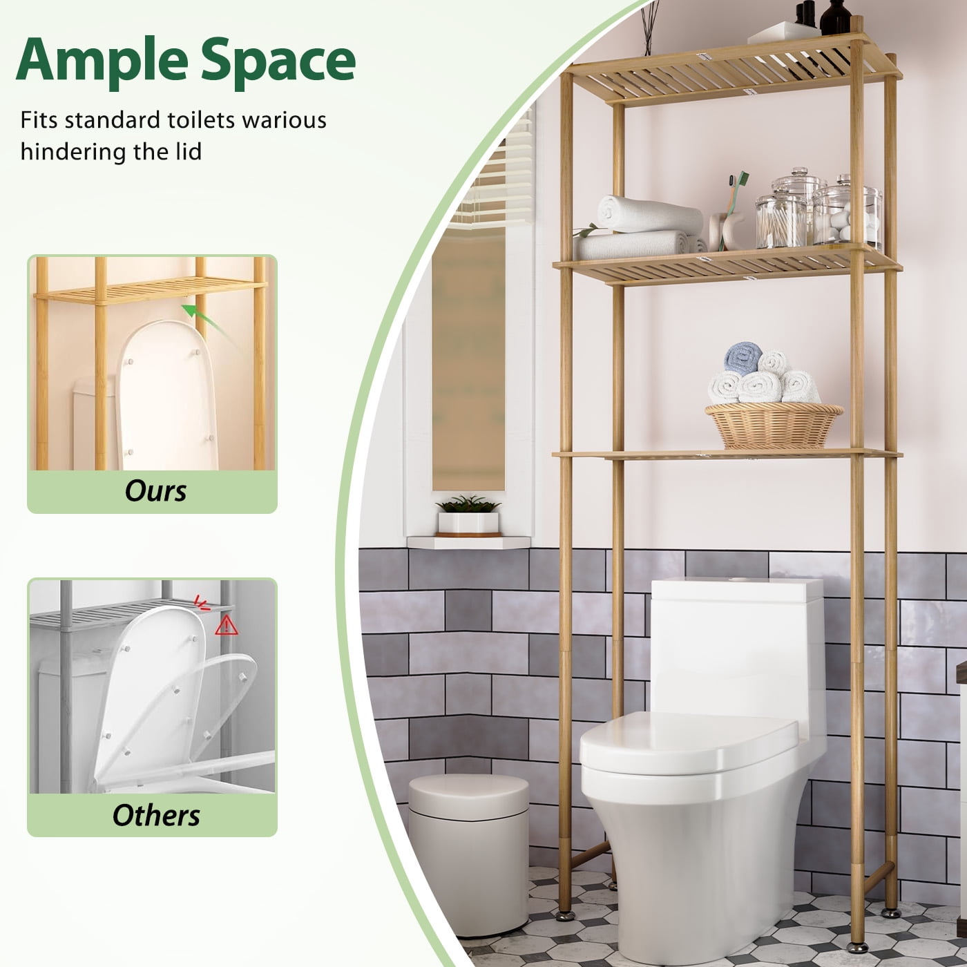 Bamboo Over the Toilet Storage Shelf, 3 Tier Freestanding Organizer Rack for Bathroom & Laundry Space-Saving Design Natural Color
