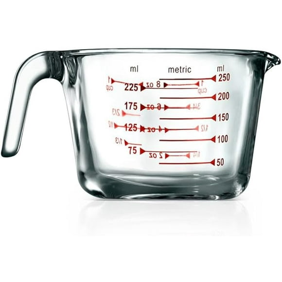 NutriChef High Borosilicate Glass Measuring Cup with Customized Decal Scale, 250 ml, Safe to Use in Microwave and Freezer, Oven and Dishwasher Safe, Clear