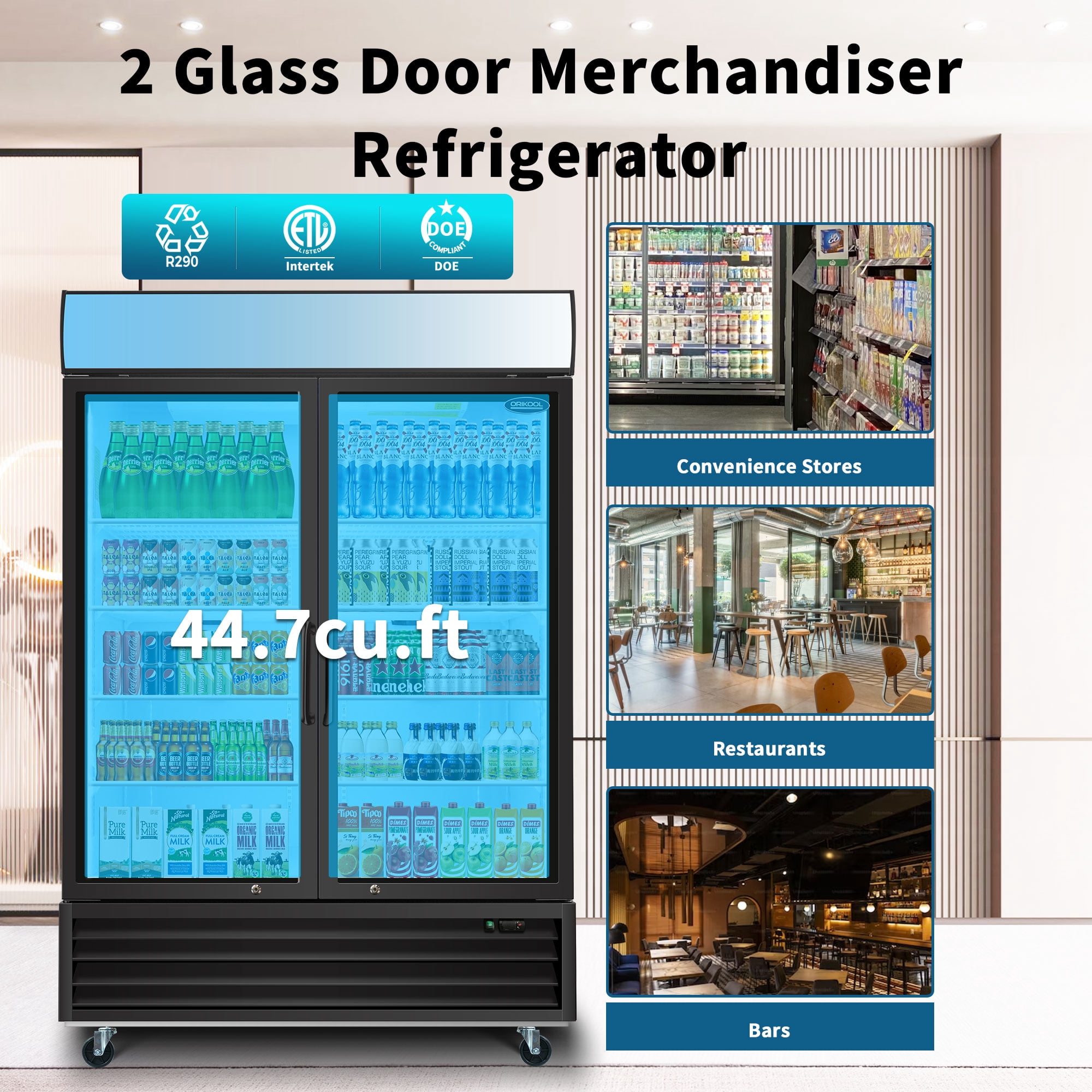 ORIKOOL 53 in Glass Door Merchandiser Refrigerator 44.7 Cu.ft Swing Door Commercial Display Refrigerators Merchandising Refrigeration with LED Top Panel