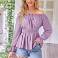 thumbnail image 2 of safuny Women Solid Color Blouse Off Shoulder Lantern Sleeve Shirt Tops Ruffle Hem Fashion Clothing Purple _b M, 2 of 9