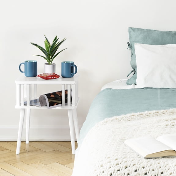 White Bamboo Nightstand with Open Shelf, Mid‑Century Modern Side Table for Bedroom, Living Room