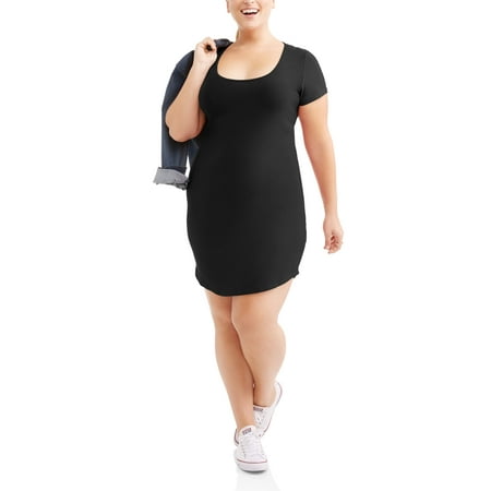 Junior's Plus Short Sleeve Brushed Knit Dress with Curved Hem