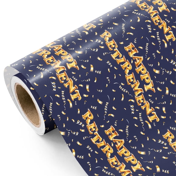 WRAPAHOLIC Retirement Wrapping Paper Roll - Mini Roll - 17 Inch x 16.5 Feet - Blue and Gold Happy Retirement with Confetti Design, Perfect for Retiree, Colleagues, Party