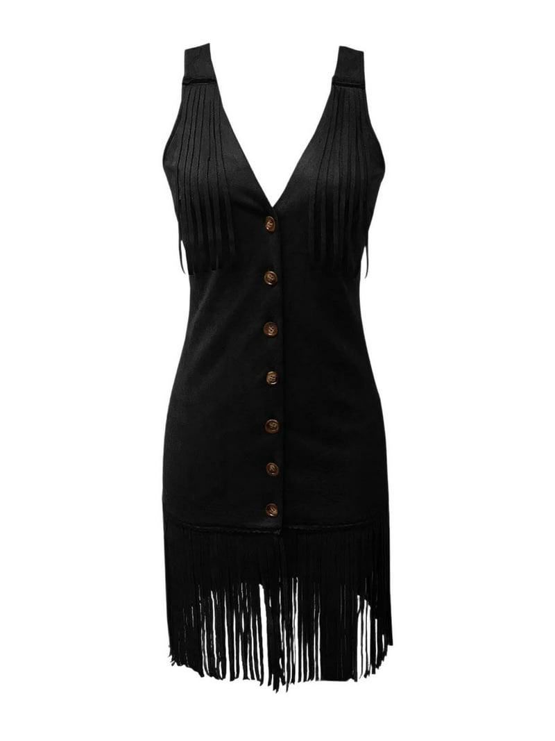 ZOELNIC Women's Western Cowgirl Dress - Vintage V-Neck Sleeveless Fringe  Dress with Front Buttons for Country Style Wear, M - Walmart.com
