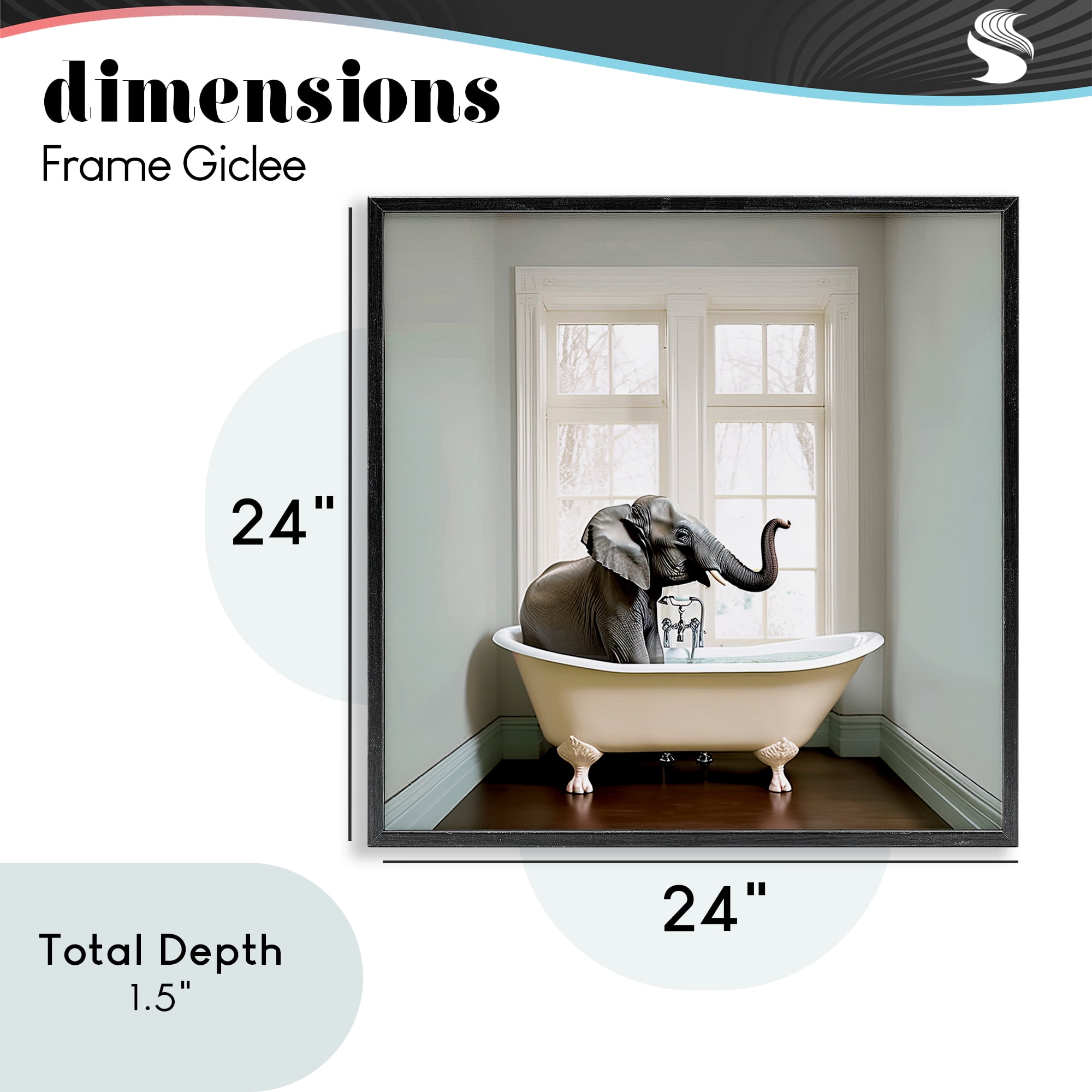 Minimal Elephant Bathtime Black Framed Giclee Art, design by Sasha