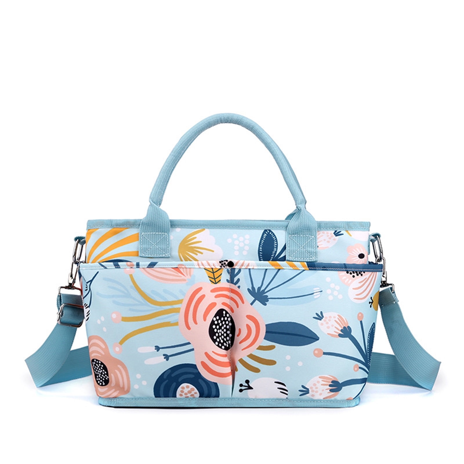 Floral Print Diaper Bag Tote With Waterproof Fabric And Multiple Pockets, Stylish Baby Handbag With Adjustable Crossbody Strap