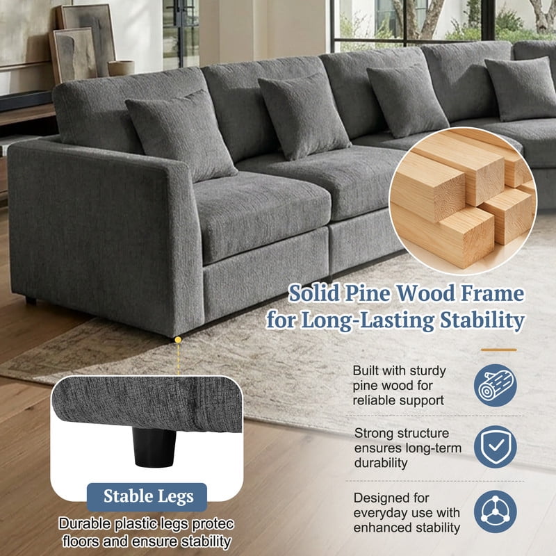 160.4" Oversized Curved Modular Sectional Sofa, Modern 5-Seater Chenille Cloud Couch with Deep Seats, Solid Wood Frame, 4 Throw Pillows for Living Room