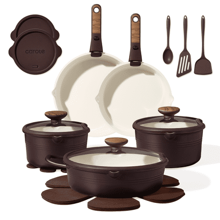 Carote 22 Pcs Ceramic Cookware Set, Pots and Pans with Detachable Handles, Oven Safe, Induction Cookware, Stackable Kitchen Cooking Set, Brown