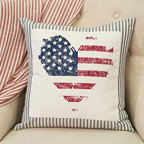 Piper Classics Farmhouse Blue Ticking Heart Flag Throw Pillow Cover 18 X 18 Americana Style Decor July 4th Patriotic Accent Usa Flag Distressed Printed Design Appliqued On Ticking Stripes Walmart Com