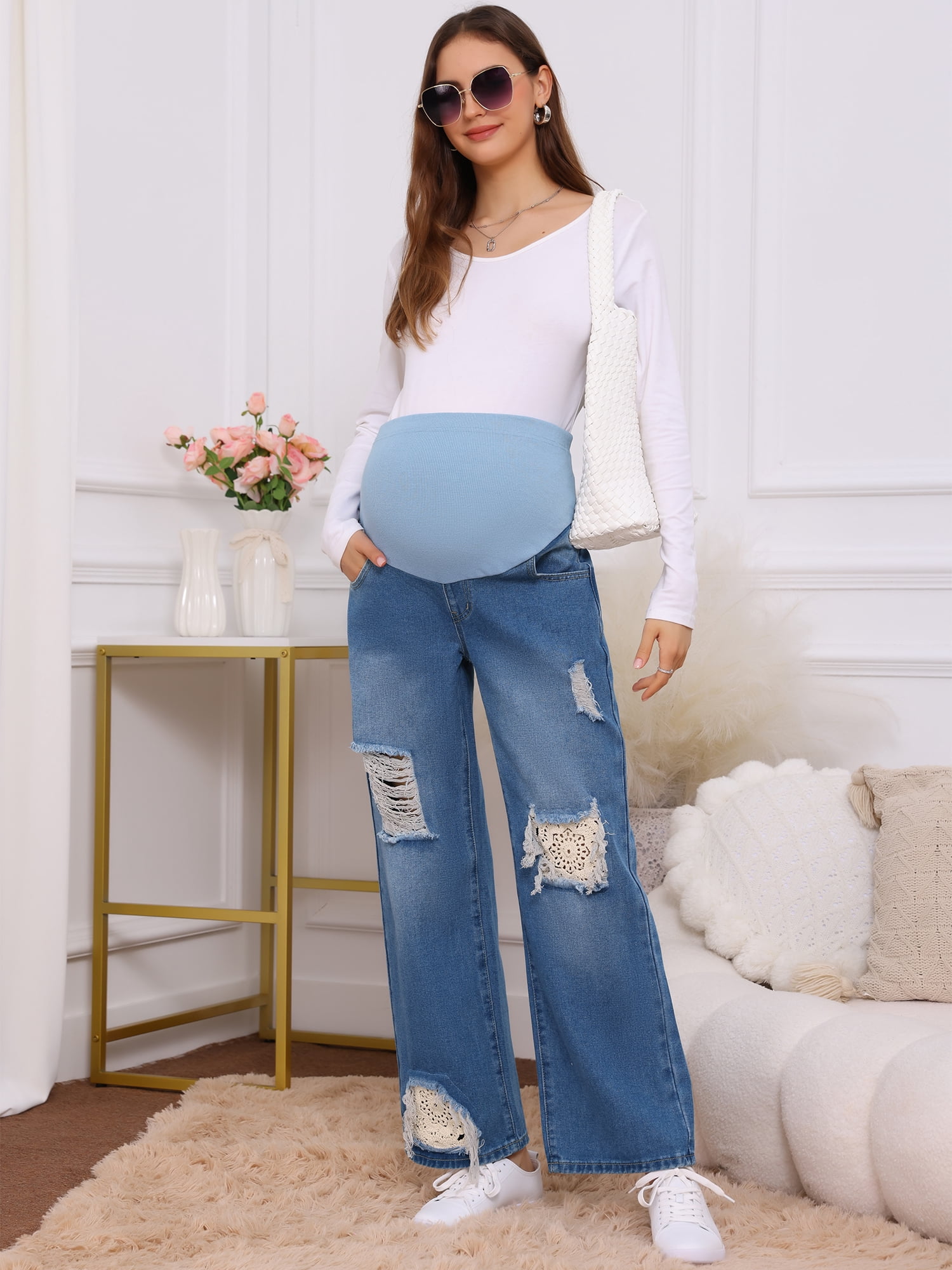 DARING DIVA Women's Maternity Over-the-Belly Ripped Distressed Jeans M Blue
