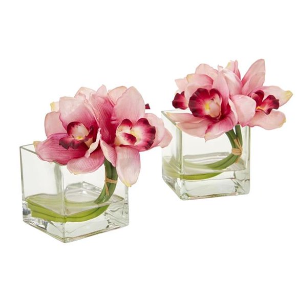 Nearly Natural 1824-S2-PK Cymbidium Orchid Artificial Arrangement in Glass Vase, Pink - Set of 2