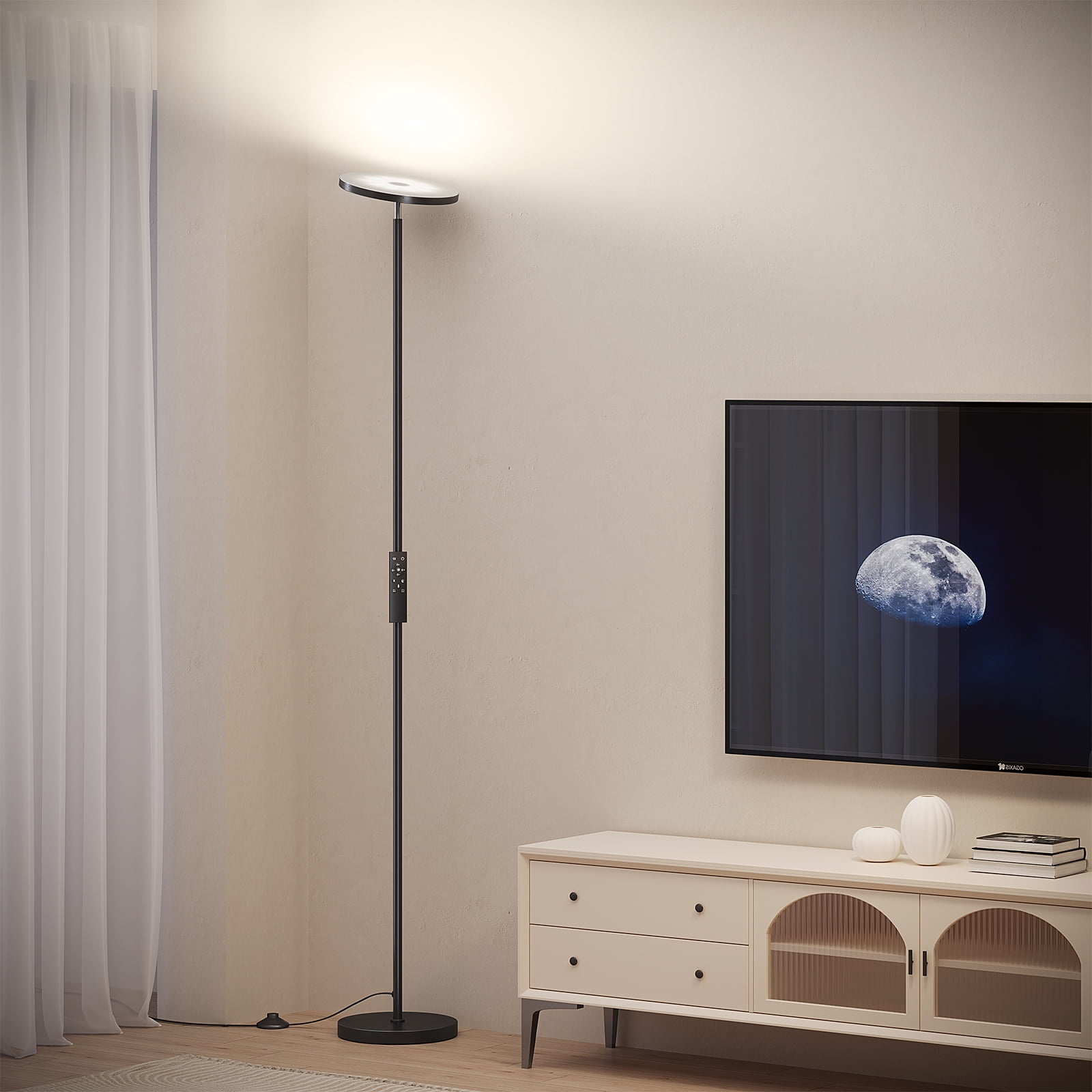 SUNMORY 69" Modern Remote Control Black Torchiere Floor Lamp, Led Super Bright Standing Lamp, Tall lamp for Living Room Bed Room