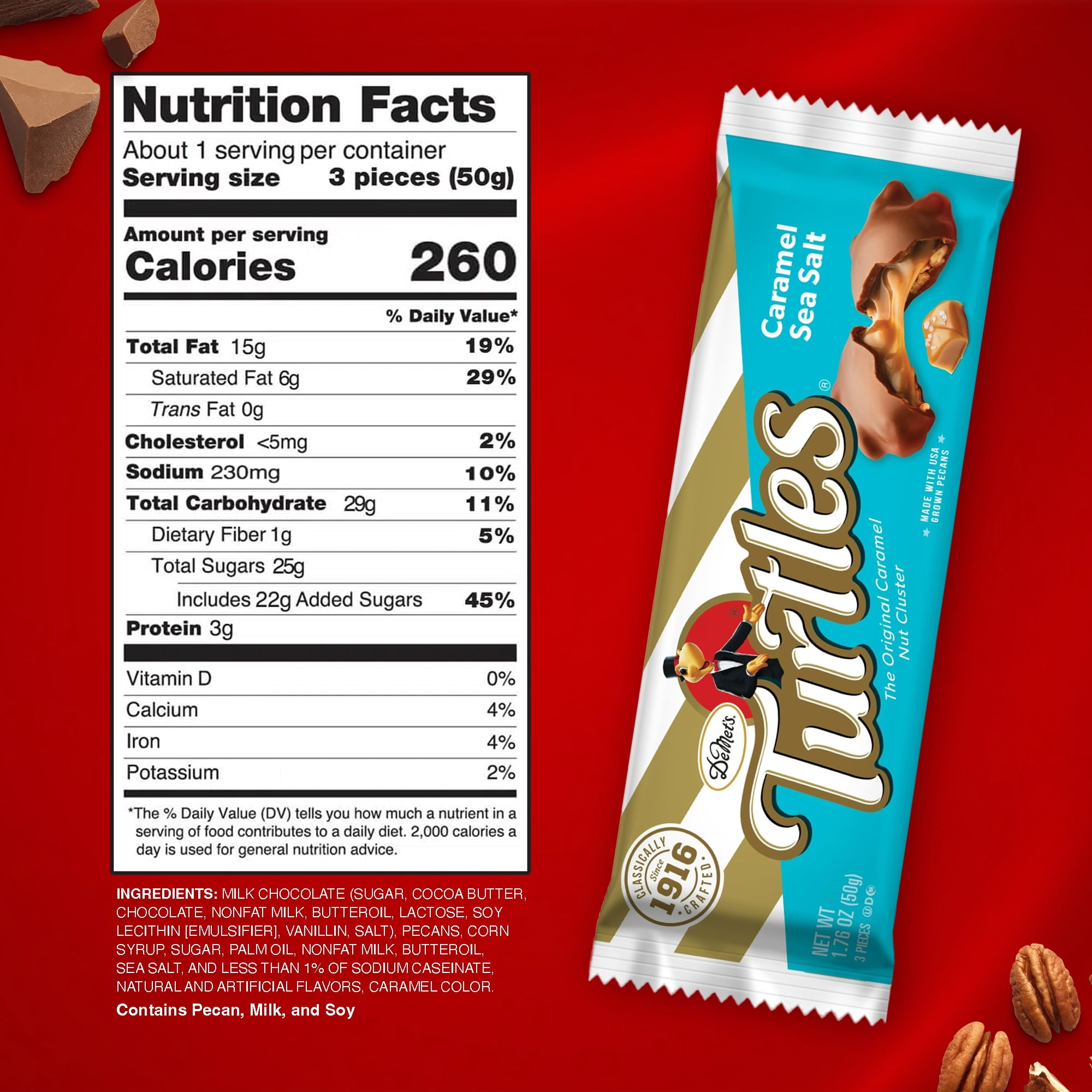 DeMet's Turtles Caramel Sea Salt Milk Chocolate Pecan Clusters, 3 Pieces, 1.76 oz