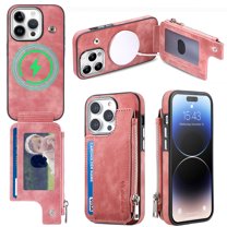 for iPhone 14 Pro Max Zipper Wallet Case with Card Holder, Back Flip Folio PU Leather Card Slots Case for Men Women, Magnetic Wireless Charging Shockproof Cover for iPhone 14 Pro Max 6.7", Pink