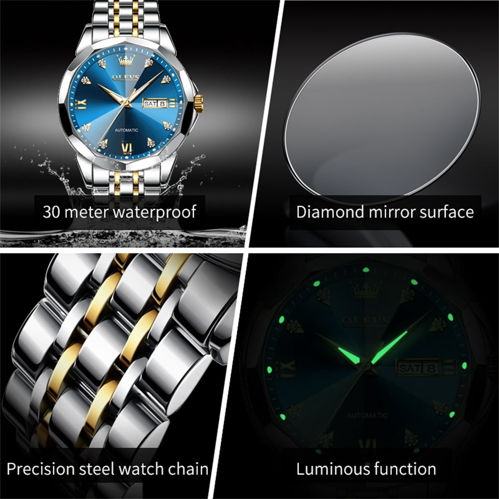 OLEVS Automatic Watches for Men Self Winding Mechanical Luxury Dress Stainless Steel Two Tone Strap Diamond Waterproof Luminous Date Mens Wrist Watches Reloj Para Hombre Black/Blue/Gold/White