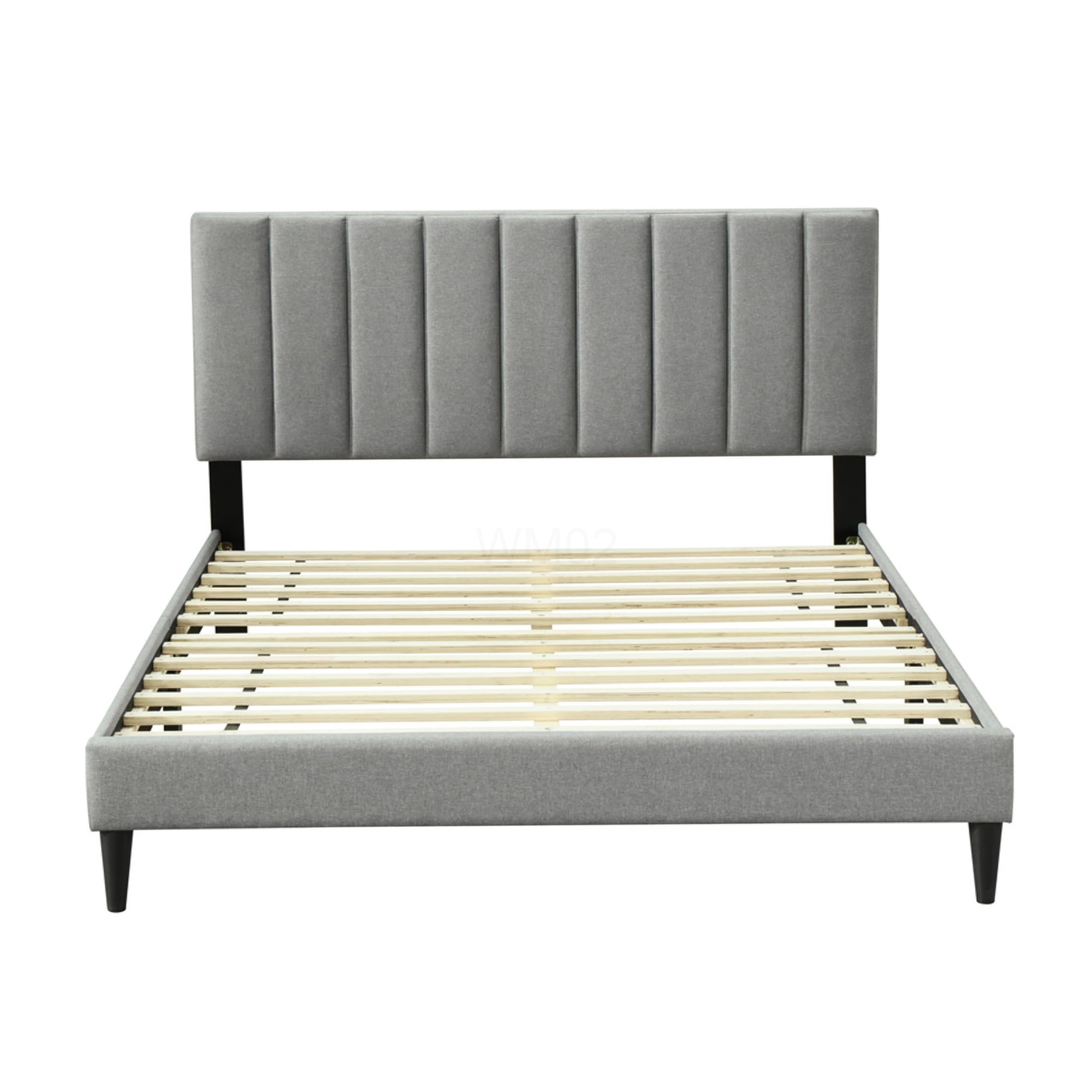 King Size Upholstered Bed Frame with USB Ports, Channel Tufted Headboard, Gray Fabric Platform Bed