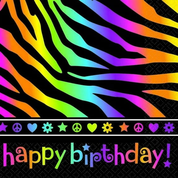 Neon Birthday Zebra Print Peace  Party Paper Beverage Napkins 16Ct