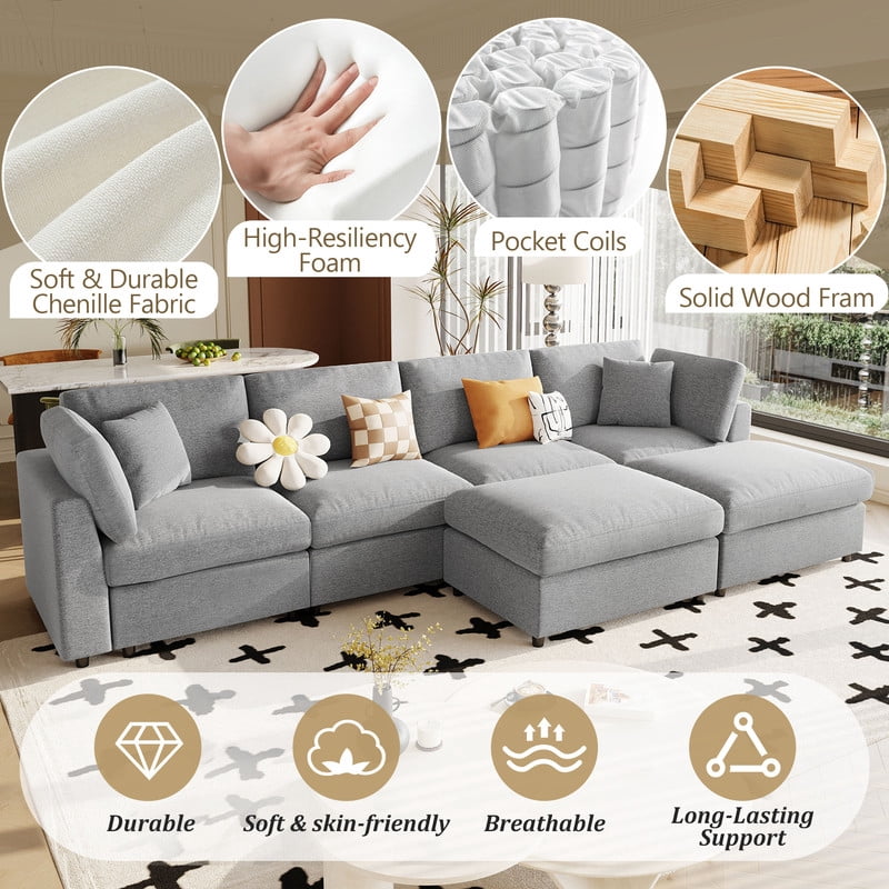 U-Shaped Modular Sectional Sofa with 2 Movable Ottomans, 128'' Chenille Upholstery Sofa Couch, 6-Piece Configurable Couch, Deep Seat Sofa for Living Room, Home Theater