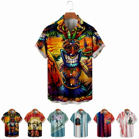 

LANLIN Hawaii Big Men s Button Down T-Shirts Vintage Retro Costume Plus Size Men