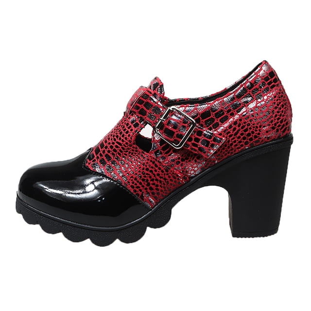 Zapatos de Cuero Patente Rojo para Mujeres Mary Jane Bloque Tacones con Hebilla Correa Color-Bloque, Agarres de Tacón para Zapatos de Mujer