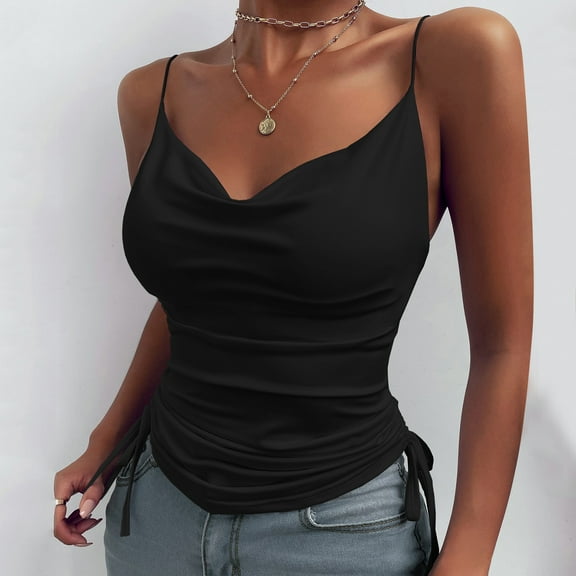 Aayomet Ladies Tops And Blouses Womens Halter Tops Sleeveless Summer Strap Tank Tops High Neck Casual Cami Tops Tee,Black XXL